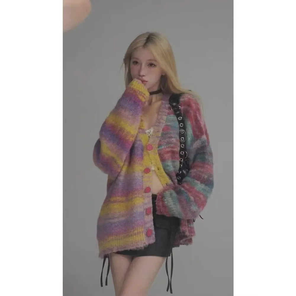 Rainbow Garden Lazy Style Strickjacke, gemischte Fasern, lockere Passform, besticktes Design, lässige koreanische Mode, Damenpullover So ist Leben