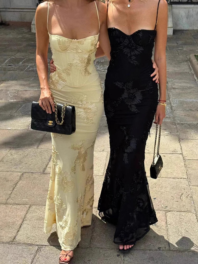 Französisches Rückenfreies Einfarbiges Elegantes Abendkleid mit Trägern, Blumenmuster, Hochwertiges Bankettkleid, Schlankes Kleid So ist Leben