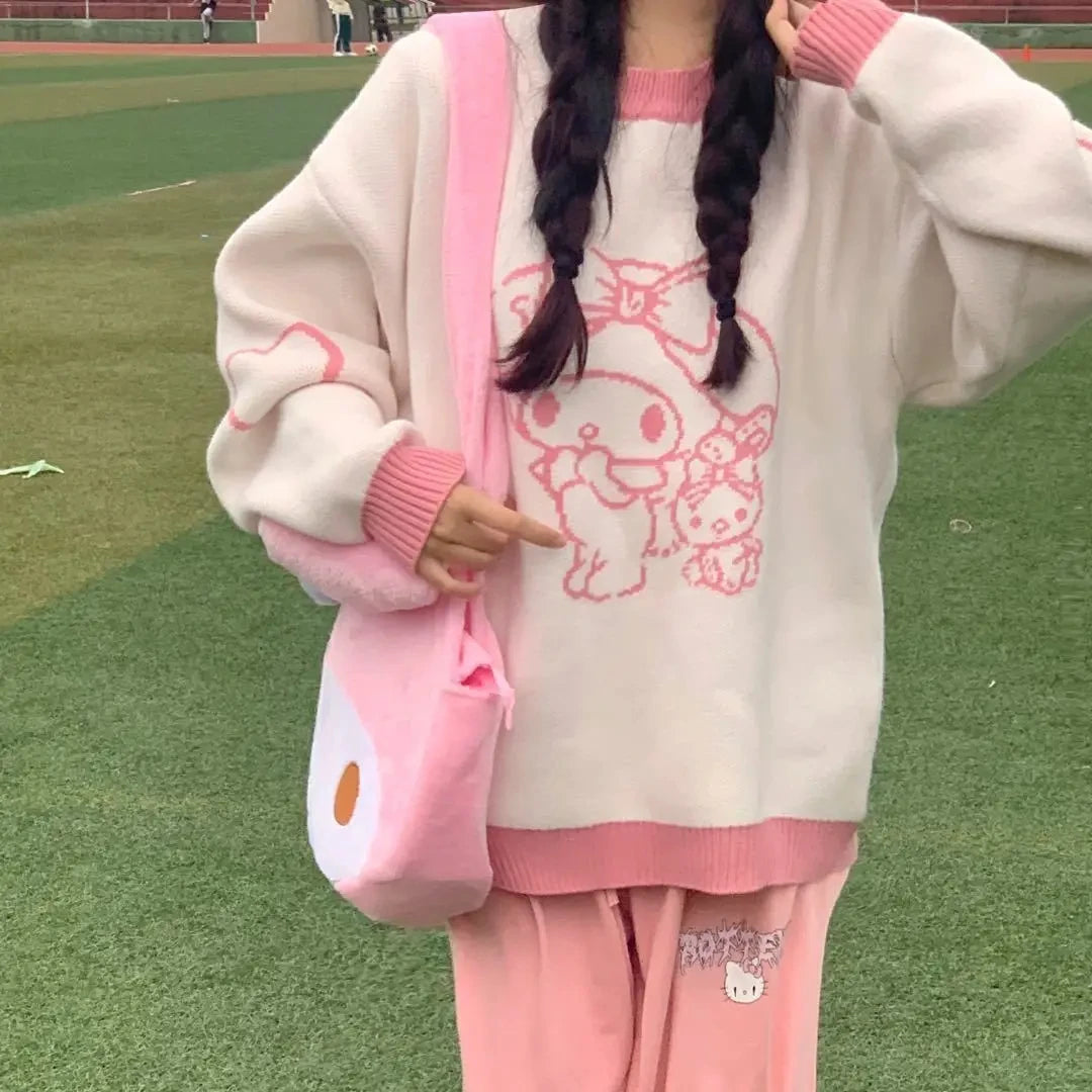 Sanrio Hello Kitty Kawaii Pullover Anime Frühling Winter Preppy Strickpullover Langarm Mädchen Oberteile Lockerer O-Ausschnitt Trend Süß So ist Leben