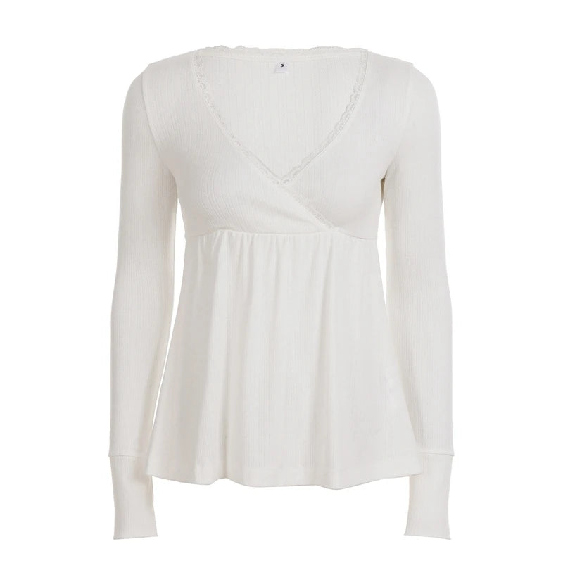Frauen Fee Y2k Cottage T-shirt Kokette V-ausschnitt Langarm Babydoll Tees Herbst Frühling Casual Pullover Tops Vintage Kleidung So ist Leben