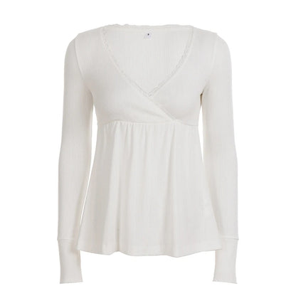 Frauen Fee Y2k Cottage T-shirt Kokette V-ausschnitt Langarm Babydoll Tees Herbst Frühling Casual Pullover Tops Vintage Kleidung So ist Leben