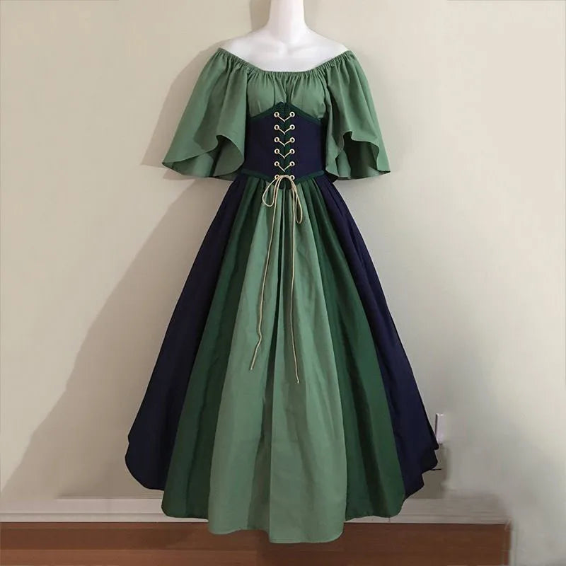 Damen Patchwork Mittelalter Renaissance Kleid Halloween Gothic schulterfreies Retro Langes Kleid So ist Leben