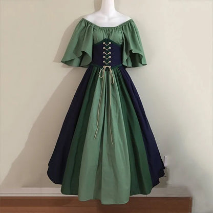 Damen Patchwork Mittelalter Renaissance Kleid Halloween Gothic schulterfreies Retro Langes Kleid So ist Leben