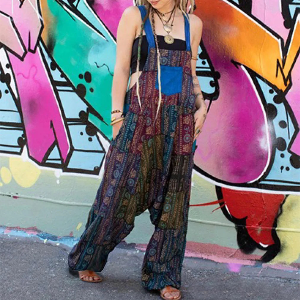 2024 Damen neuer Hip-Hop-Overall, heißer Stil, Hippie-Nähte, ethnischer Druck, ärmellos, lockere Haremtasche, Overalls, Grün So ist Leben