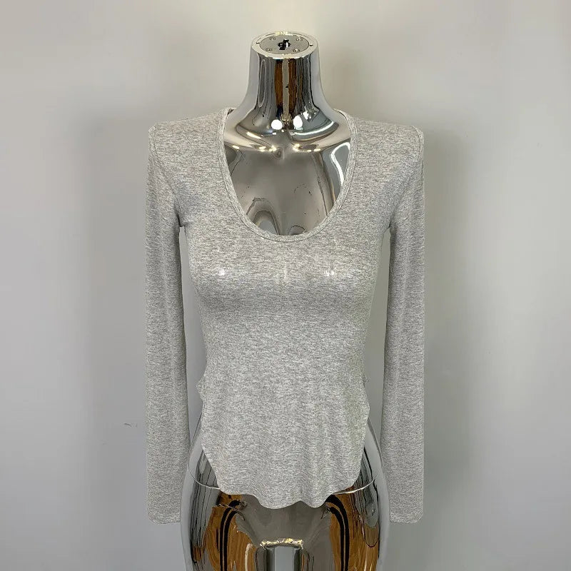 Koreanische Dongdaemun Pure Desire Sexy Spicy frauen Geschmack U-ausschnitt Slim Fit Langarm T-shirt Mid-länge gestrickte Casual Top So ist Leben