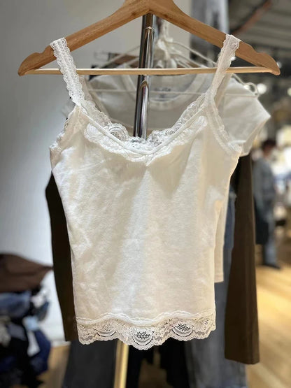 Süße Spitze Patchwork Schlank Tank Tops Frauen Sommer Weiß Sexy Einfache Baumwolle Weiche Ärmellose Westen Weibliche Vintage Chic Y2K Leibchen So ist Leben
