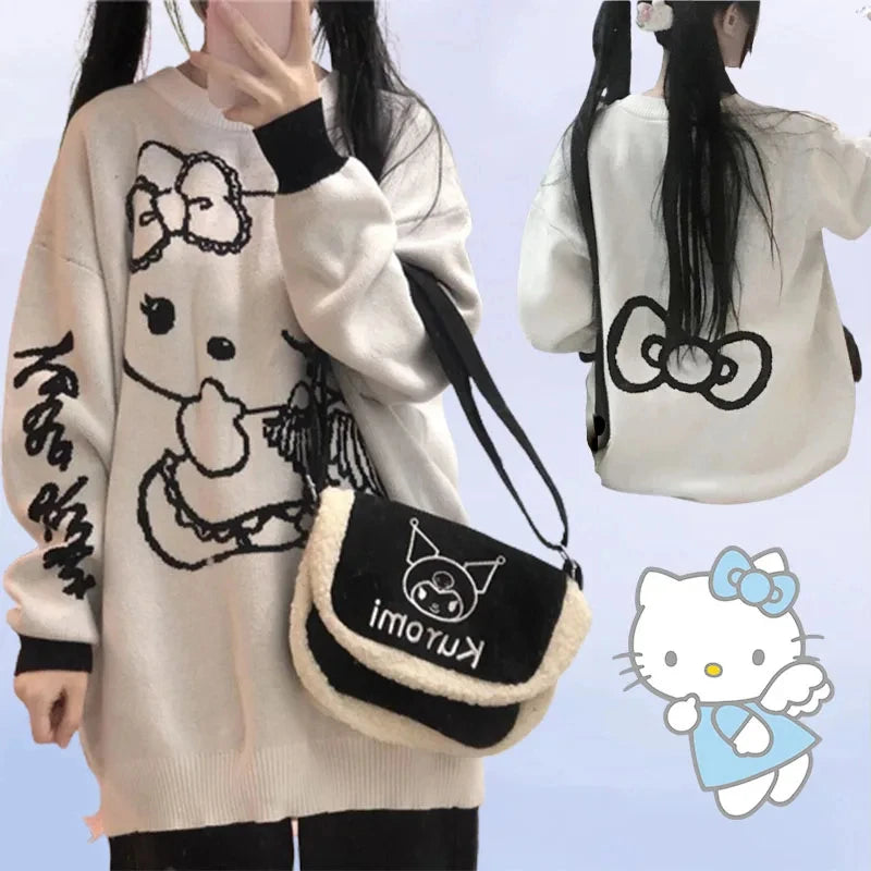 Sanrio Hello Kitty Kawaii Pullover Anime Frühling Winter Preppy Strickpullover Langarm Mädchen Oberteile Lockerer O-Ausschnitt Trend Süß So ist Leben