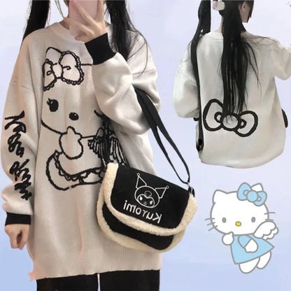 Sanrio Hello Kitty Kawaii Pullover Anime Frühling Winter Preppy Strickpullover Langarm Mädchen Oberteile Lockerer O-Ausschnitt Trend Süß So ist Leben
