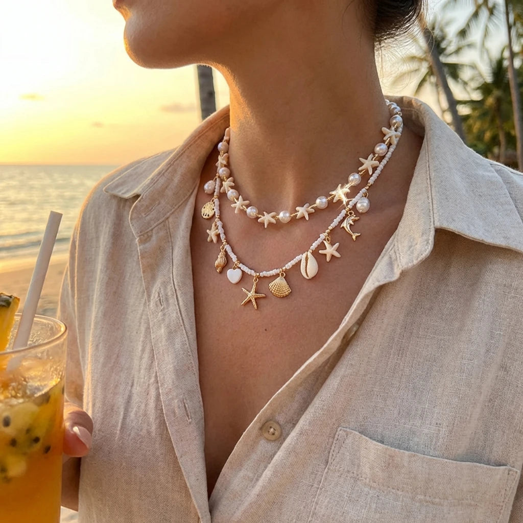 Boho Mehrschichtige Muschel-Seestern-Anhänger-Halskette für Frauen Handgefertigte Perlen-Imitationsperlen-Choker Strandparty-Schmuck Geschenk So ist Leben