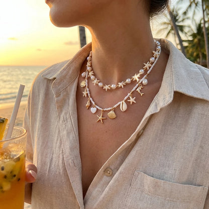 Boho Mehrschichtige Muschel-Seestern-Anhänger-Halskette für Frauen Handgefertigte Perlen-Imitationsperlen-Choker Strandparty-Schmuck Geschenk So ist Leben