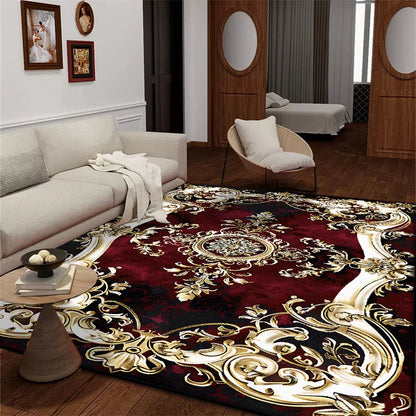 Wohnzimmer mit großem Teppich im roten Design im europäischen Stil - So ist Leben