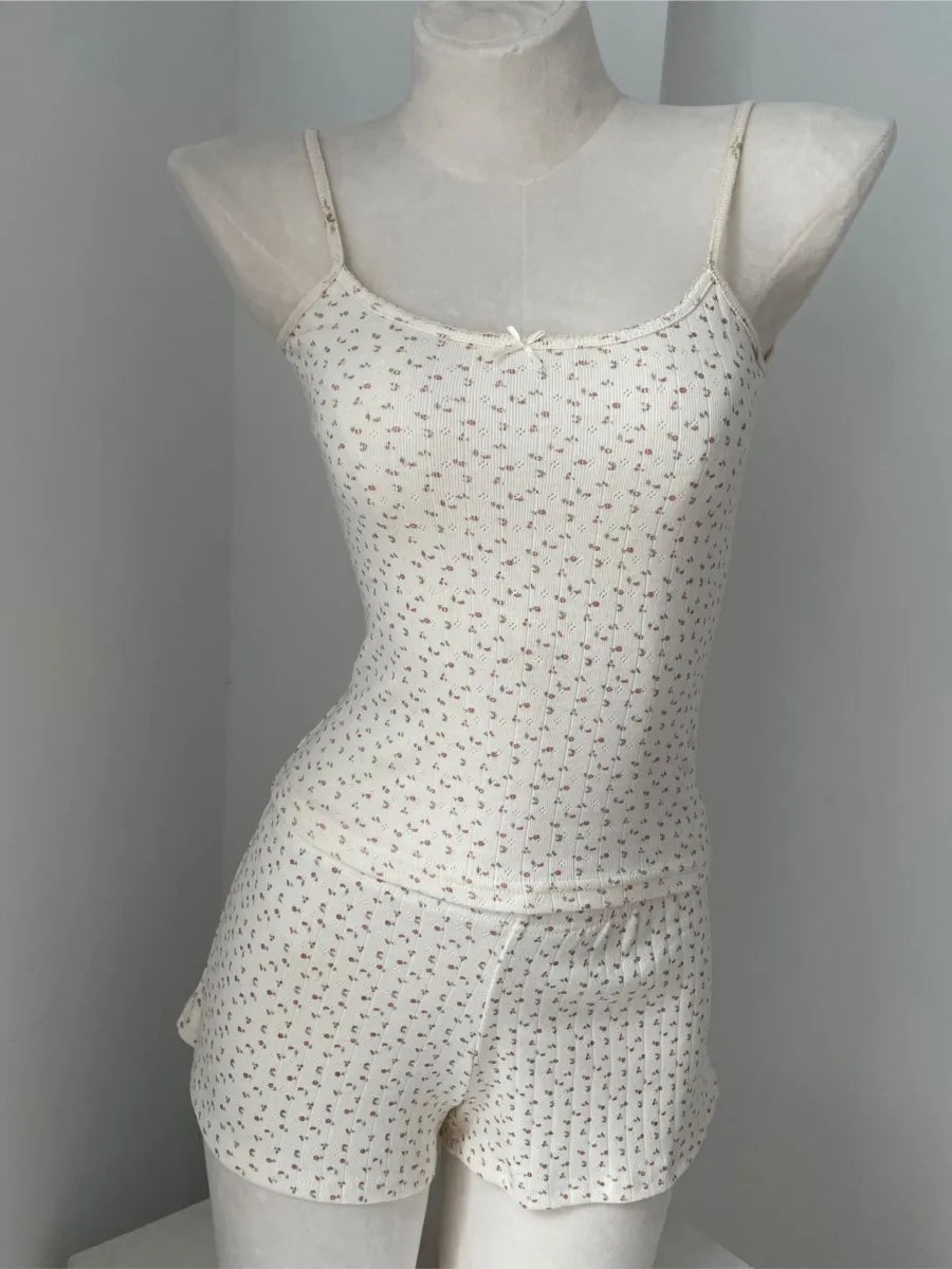 Süße Blumendruck Öse Schleife abgeschnittene Westen Frauen Baumwolle beiläufige dünne Spitzenbesatz Tank Tops Vintage Adrette süße Leibchen Y2K So ist Leben