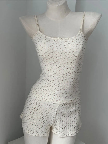 Süße Blumendruck Öse Schleife abgeschnittene Westen Frauen Baumwolle beiläufige dünne Spitzenbesatz Tank Tops Vintage Adrette süße Leibchen Y2K So ist Leben