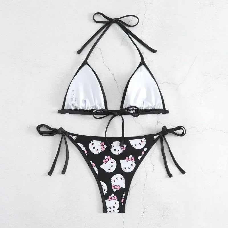Sanrio Hello Kitty Kawaii Bikinis Set Niedlicher Cartoon Anime Sommer Strand Weiche Seite Riemchenhöschen Kawaii Badeanzug Sexy Bikini Y2k So ist Leben