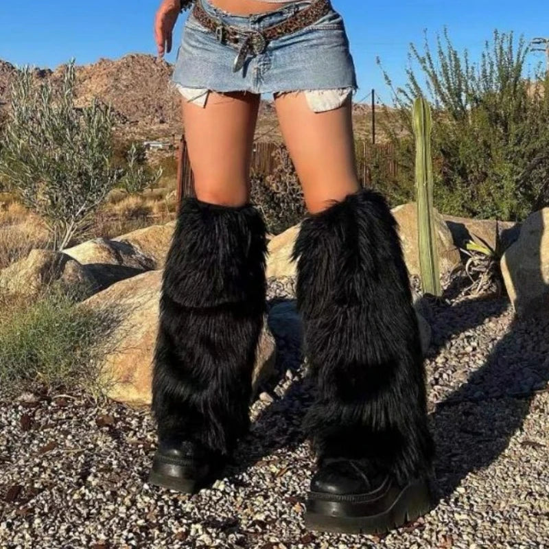 Y2k pelzige Beinlinge Goth weiß Kunst pelz Beinlinge Stiefel abdeckungen Dame süße Mode jk knielange Socken Hipster warme Socke So ist Leben