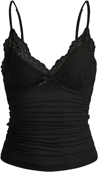 Damen Y2K Spitzen-V-Ausschnitt Spaghetti-Träger Camisole Top Slim Fit Schleife Ärmelloses Tanktop Sommer Sexy Streetwear Lässige Ausgehweste So ist Leben