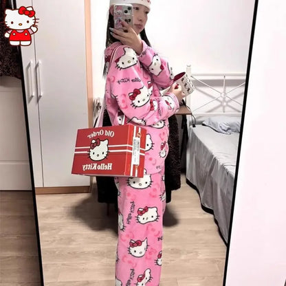 Anime Hello Kitty Plüsch-Pyjama-Anzug für Damen, Cartoon-Flanell, langärmelig, Homewear, Winter, Mädchen, warme Tops, Pannts, zweiteiliges Set - So ist Leben