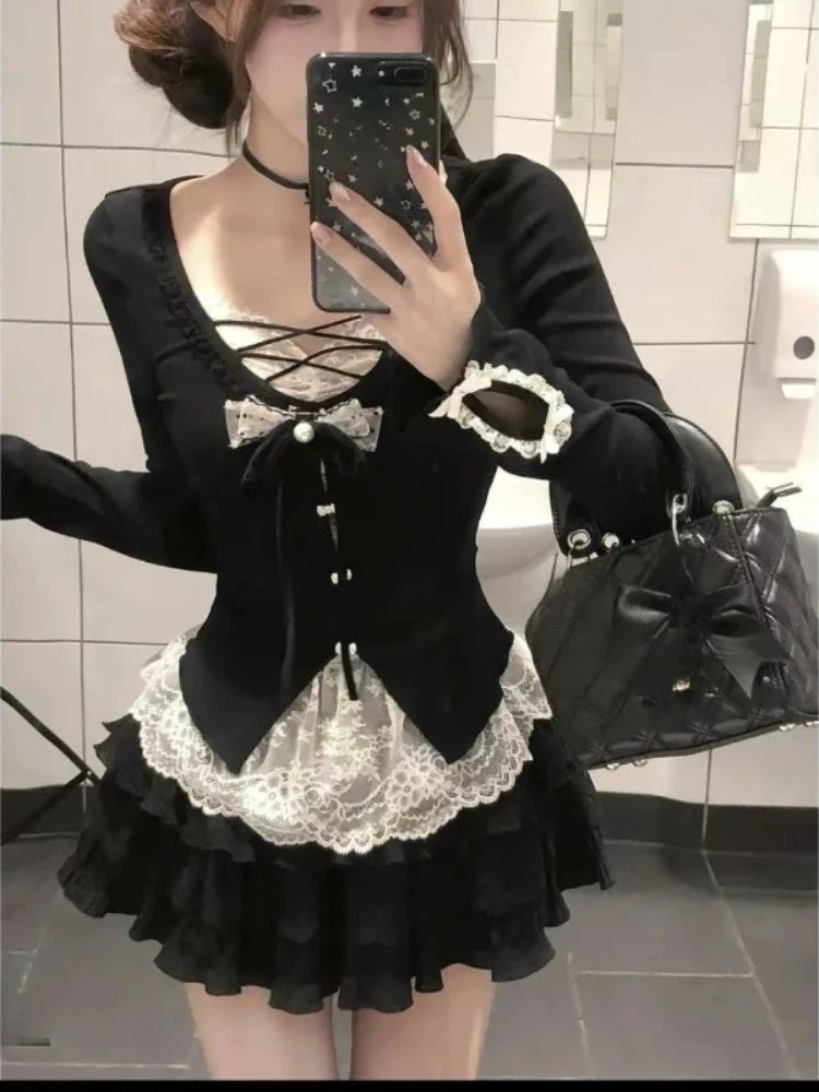 Herbst Französisch Elegante Sexy Coquette Tops frauen Y2k Elegante Streetwear T Shirt Bogen Spitze Patchwork Schlank Süße Tees So ist Leben