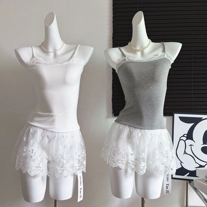 Spitzen-Unterhemd, Rüschen, Patchwork-Saum, Cami 2025, sexy Top, Damen, langes ärmelloses T-Shirt, Leibchen, Y2K, koreanische graue Baumwoll-Camis So ist Leben