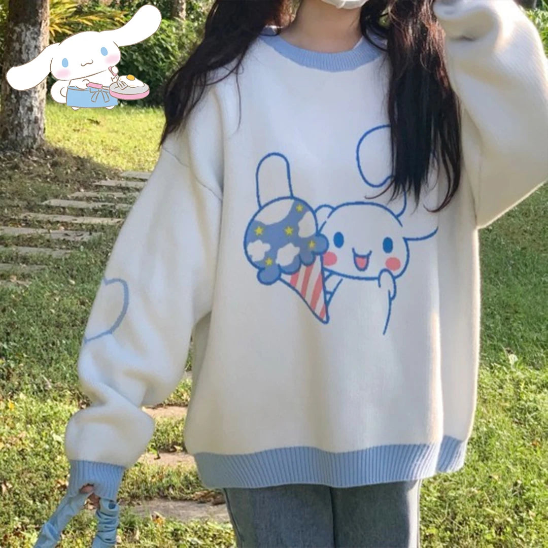 Sanrio Hello Kitty Kawaii Pullover Anime Frühling Winter Preppy Strickpullover Langarm Mädchen Oberteile Lockerer O-Ausschnitt Trend Süß So ist Leben