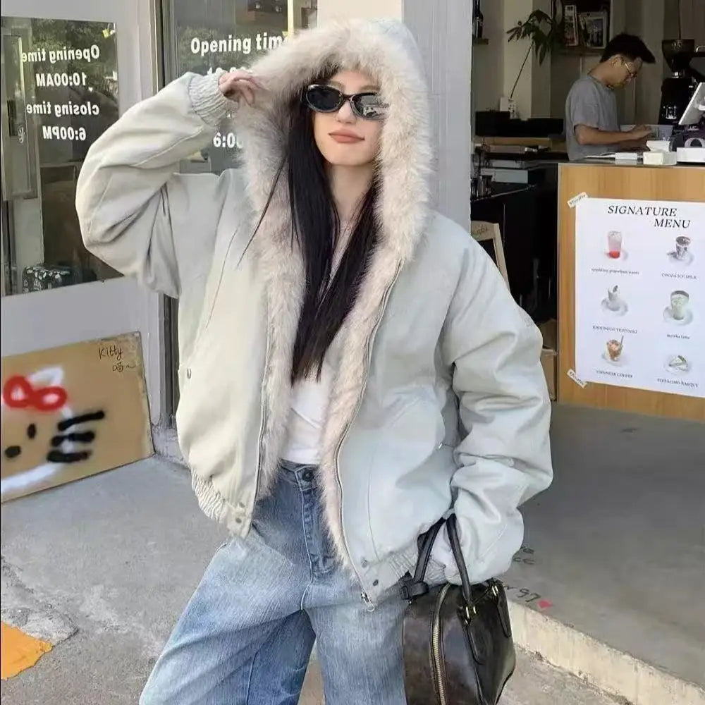 Y2K Winter Neue Blaue Plüsch Baumwolle Gefütterte Jacke Unisex Amerikanische High Street Kapuzenjacke Verdickte Paare Casual Mantel So ist Leben