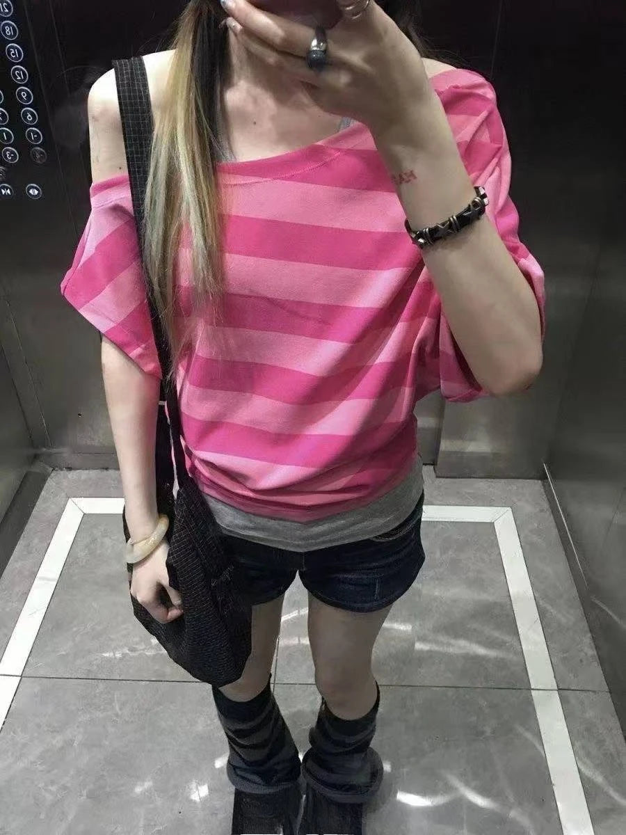 Koreanische süße gestreifte Fake-Two-Tops für Damen, schulterfrei, Vintage, amerikanischer Stil, kurzärmelig, schick, lässig, für den Alltag, Sommer-T-Shirts So ist Leben
