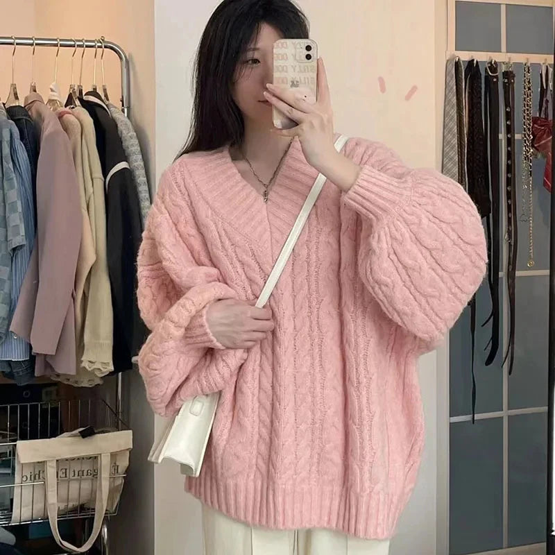 Herbst Winter Frauen Pullover Harajuku Übergroßen Gestrickte Pullover Koreanische Langarm V-ausschnitt Strickwaren Preppy Solide Lose Jumper So ist Leben