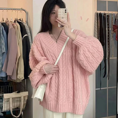 Herbst Winter Frauen Pullover Harajuku Übergroßen Gestrickte Pullover Koreanische Langarm V-ausschnitt Strickwaren Preppy Solide Lose Jumper So ist Leben