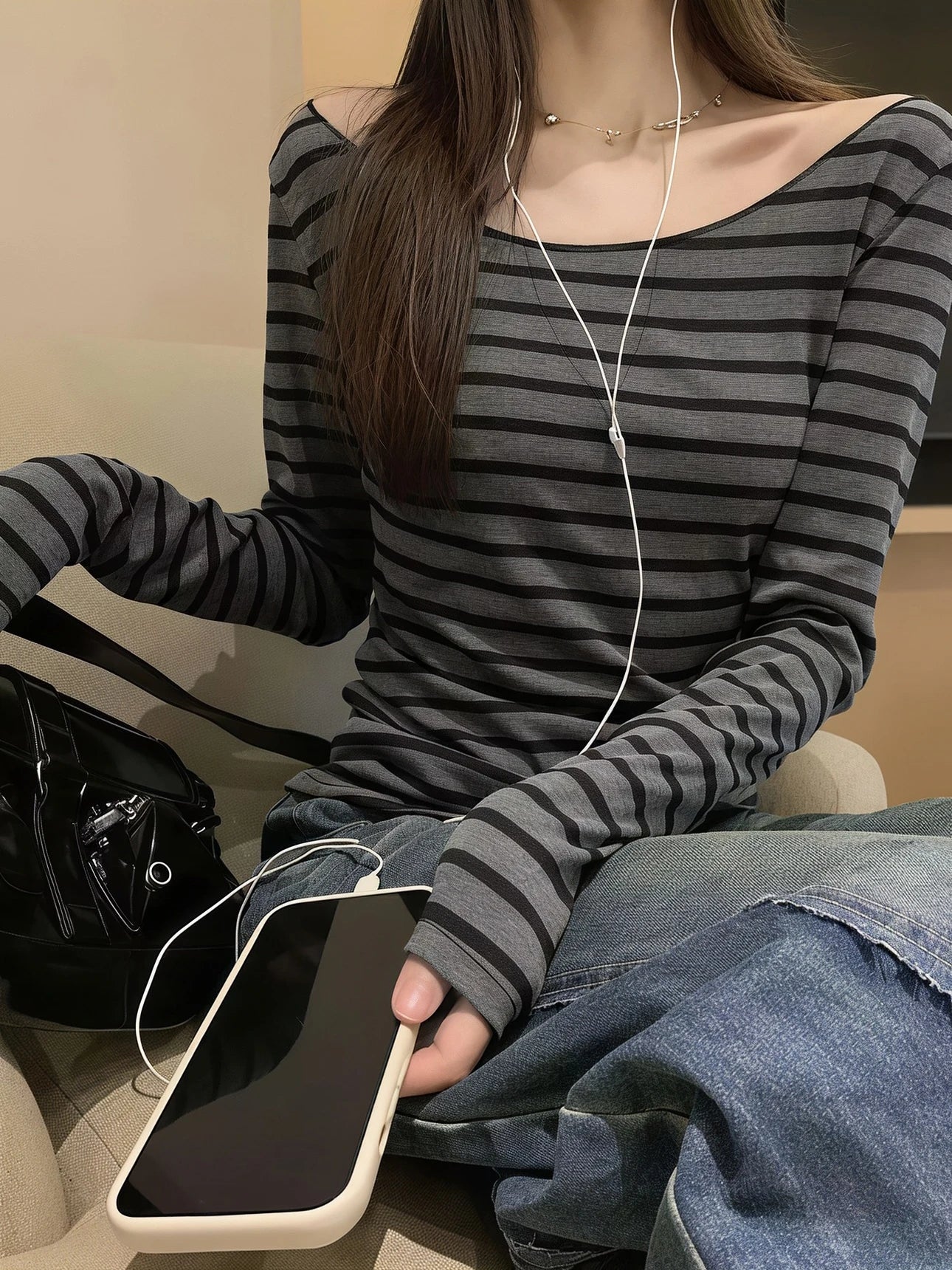 Y2K Damen Off-Shoulder Gestreiftes Langarm-Oberteil mit Kontrast-Halsausschnitt, Slim Fit, Retro Street Casual Layering T-Shirt So ist Leben