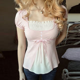 [RUOKE] Lässiges Y2K-Top in Kontrastfarbe für Damen, Frühling, Sommer, quadratischer Ausschnitt, Puffärmel, Schleife, schmale A-Linie, Babydoll-Bluse, süße Coquette So ist Leben