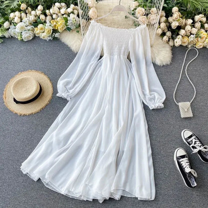 Strandurlaub Partykleid Damen Elegantes Weißes Feenhaftes Chiffon Langes Kleid Damen Süßes Schulterfreies Boho Maxikleid So ist Leben