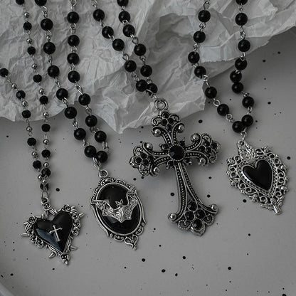 Gothic Fledermaus Kreuz dunkler Anhänger Halskette Set, Y2K personalisierte Thorn Love schwarze Perle gestapelt Halskette Set, geeignet als Halloween G So ist Leben