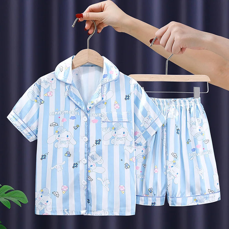 Anime 2Pcs Hallo Kitty Kuromi Kinder Pyjama Sets Sanrios Cartoon Mädchen Eis Seide Revers Kurzarm T-Shirt Tops Hosen pijamas Set