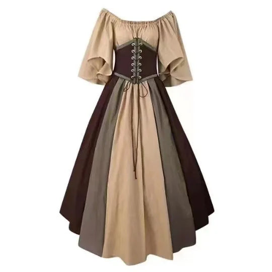 Damen Patchwork Mittelalter Renaissance Kleid Halloween Gothic schulterfreies Retro Langes Kleid So ist Leben