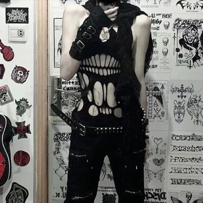 Punk Rock Sexy Cut Out Ärmellose Camis Tank Top Y2k Harajuku Gothic Frauen Elastische Hosenträger Mesh Leibchen Chic Streetwear So ist Leben