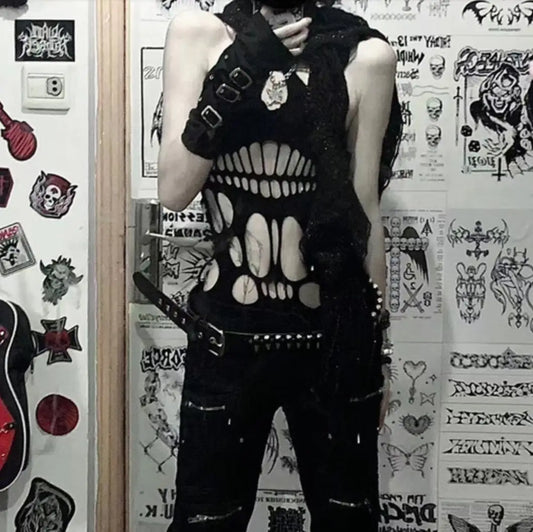 Punk Rock Sexy Cut Out Ärmellose Camis Tank Top Y2k Harajuku Gothic Frauen Elastische Hosenträger Mesh Leibchen Chic Streetwear So ist Leben