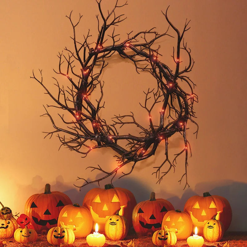 Kranz-Dekoration für Haustür, LED-Leuchten, glitzernd, schwarzer Zweig, Halloween-Dekorationen, gruseliges Zuhause, drinnen und draußen, Party-Dekoration So ist Leben