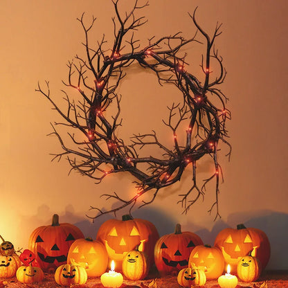 Kranz-Dekoration für Haustür, LED-Leuchten, glitzernd, schwarzer Zweig, Halloween-Dekorationen, gruseliges Zuhause, drinnen und draußen, Party-Dekoration So ist Leben