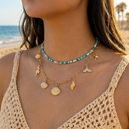 Böhmische Vintage Muschel Seestern Schildkröte Mehrschichtige Halskette für Frauen Ethnische Handgemachte Blaue Perlenketten Sommer Strand Schmuck So ist Leben