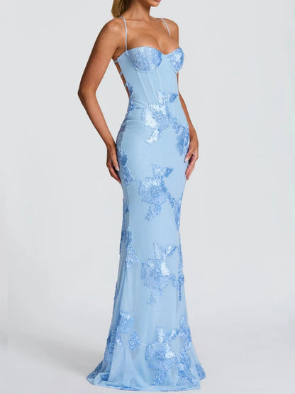 Französisches Rückenfreies Einfarbiges Elegantes Abendkleid mit Trägern, Blumenmuster, Hochwertiges Bankettkleid, Schlankes Kleid So ist Leben