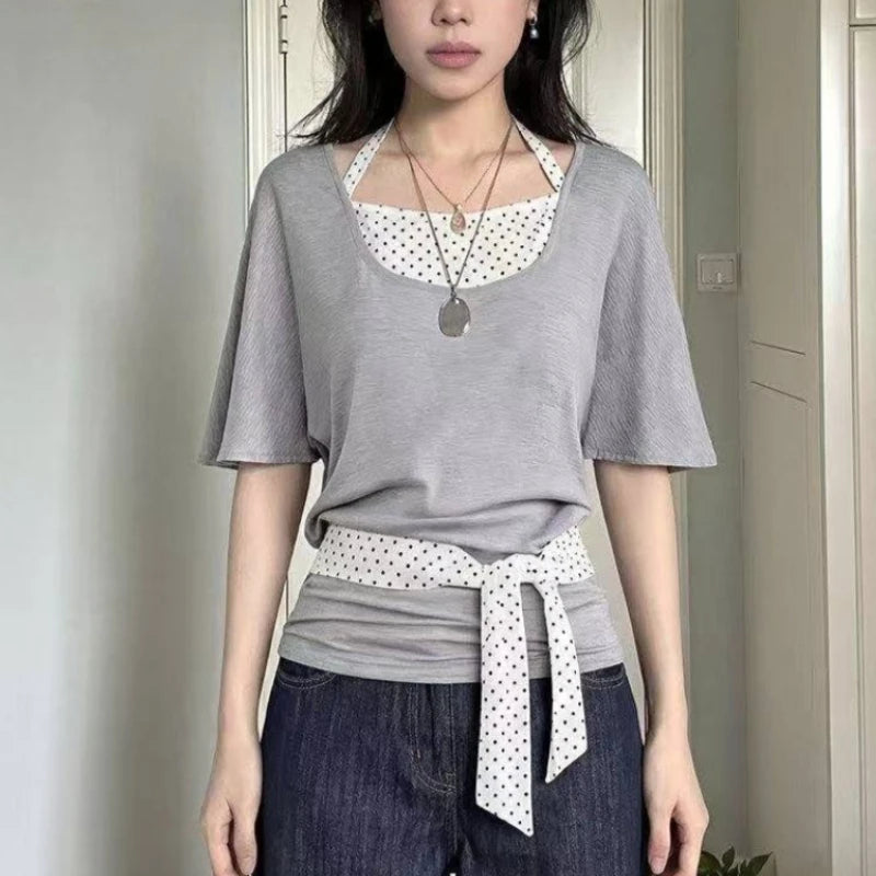 Koreanische süße gestreifte Fake-Two-Tops für Damen, schulterfrei, Vintage, amerikanischer Stil, kurzärmelig, schick, lässig, für den Alltag, Sommer-T-Shirts So ist Leben