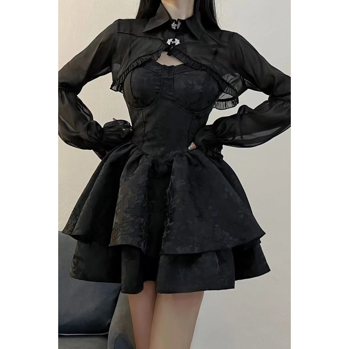 Gothic Harajuku 2-teiliges Set Damen Vintage Y2k Crop Top Bluse + Schwarz Hohe Taille Retro Rock Gürtel Party Vintage Sets Chic So ist Leben