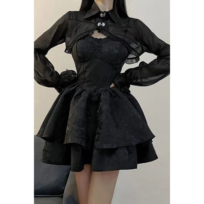Gothic Harajuku 2-teiliges Set Damen Vintage Y2k Crop Top Bluse + Schwarz Hohe Taille Retro Rock Gürtel Party Vintage Sets Chic So ist Leben