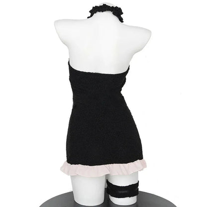 Japanische Maid Bow Plüschanzug Sexy Anime Cartoon Niedliche schwarze Katze Plüschkleid Uniform Plüsch Schatz Katze Mädchen Minikleid Cosplay So ist Leben