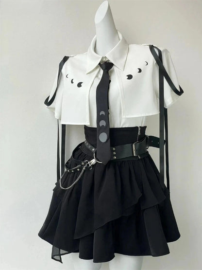 Gothic Harajuku 2-teiliges Set Damen Vintage Y2k Crop Top Bluse + Schwarz Hohe Taille Retro Rock Gürtel Party Vintage Sets Chic So ist Leben