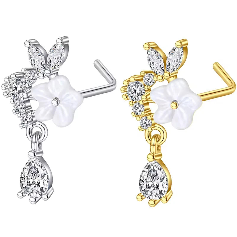 Damen L-förmiger Nasenring, hängender Nasenpiercing aus Edelstahl+Kupfer, gebogener Ring mit Schmetterlingsanhänger, Nasenschmuck 20G So ist Leben
