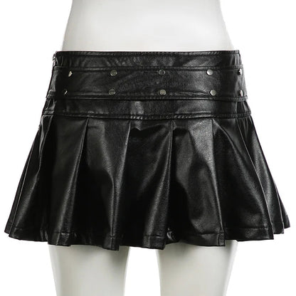Goth Dark Punk Stil Niet Faux Pu Leder Falten röcke 90er Jahre Grunge Streetwear Frauen Einkaufs zentrum Gothic Drop A-Linie Minirock Reiß verschluss So ist Leben