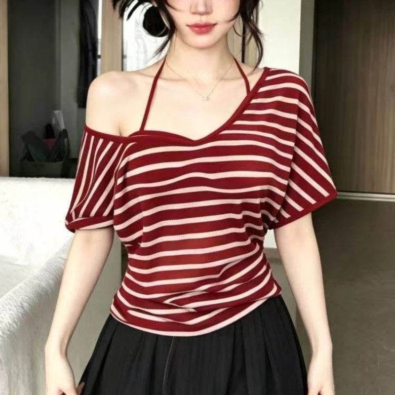 Koreanische süße gestreifte Fake-Two-Tops für Damen, schulterfrei, Vintage, amerikanischer Stil, kurzärmelig, schick, lässig, für den Alltag, Sommer-T-Shirts So ist Leben