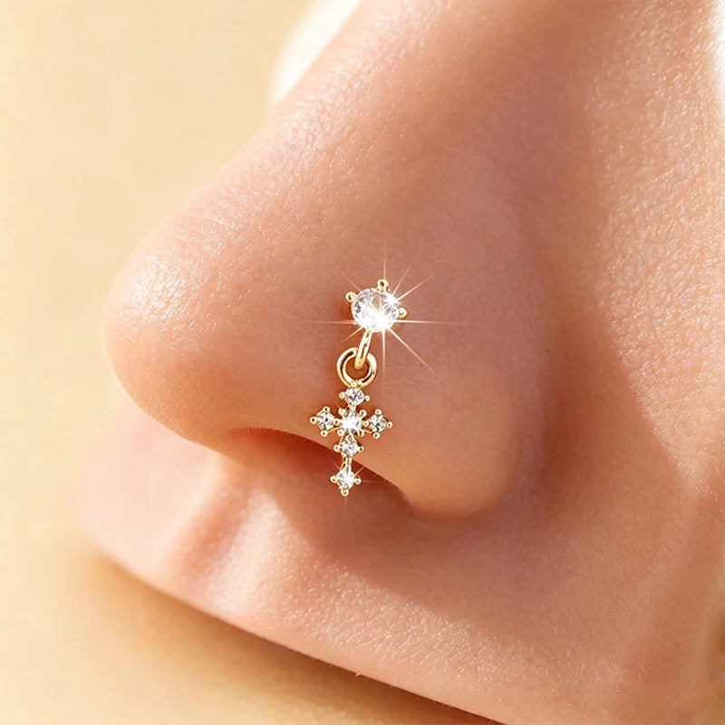 Hängende Nasenringe für Frauen, Kreuz-Zirkon-Nasenpiercing-Schmuck, L-förmige Nasenstecker, Körperschmuck-Accessoires So ist Leben