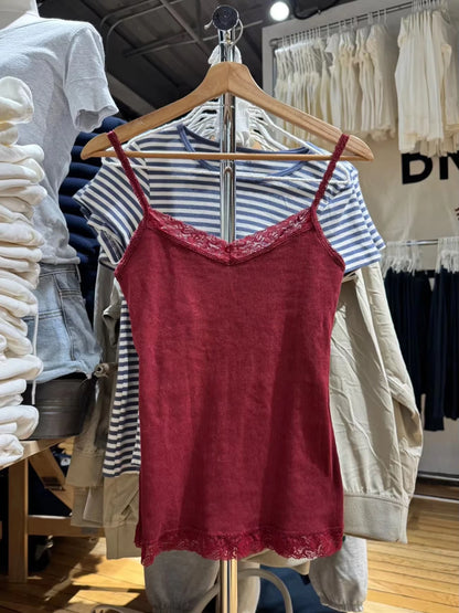 Geripptes Spitzenbesatz Slim Tank Top Damen Sommer Einfarbig Niedliches V-Ausschnitt Baumwoll-Camisole Weibliches Lässiges Einfaches Allround-Basic-Top Y2k Oberteile So ist Leben